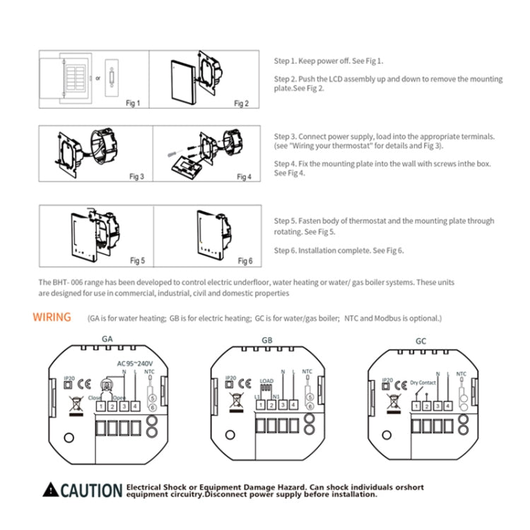 BHT-006GCLW 95-240V AC 5A Smart Home Heating Thermostat for EU Box, Control Boiler Heating with Only Internal Sensor, WiFi, BHT-006GCLW