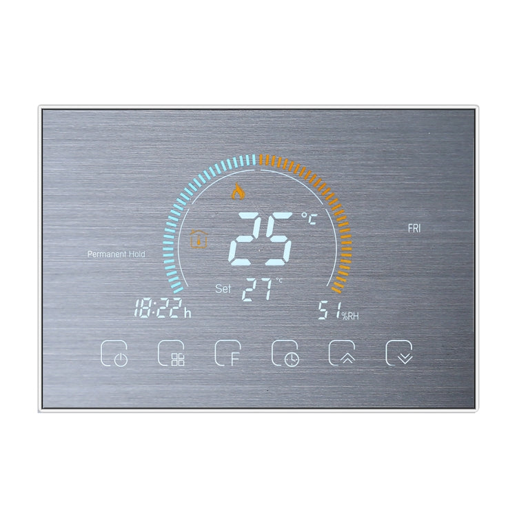 BHT-8000-GC-SS Brushed Stainless Steel Mirror Controlling Water/Gas Boiler Heating Energy-saving and Environmentally-friendly Smart Home Negative Display LCD Screen Round Room Thermostat without WiFi, without WiFi