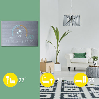 BHT-8000-GC-SS Brushed Stainless Steel Mirror Controlling Water/Gas Boiler Heating Energy-saving and Environmentally-friendly Smart Home Negative Display LCD Screen Round Room Thermostat without WiFi, without WiFi
