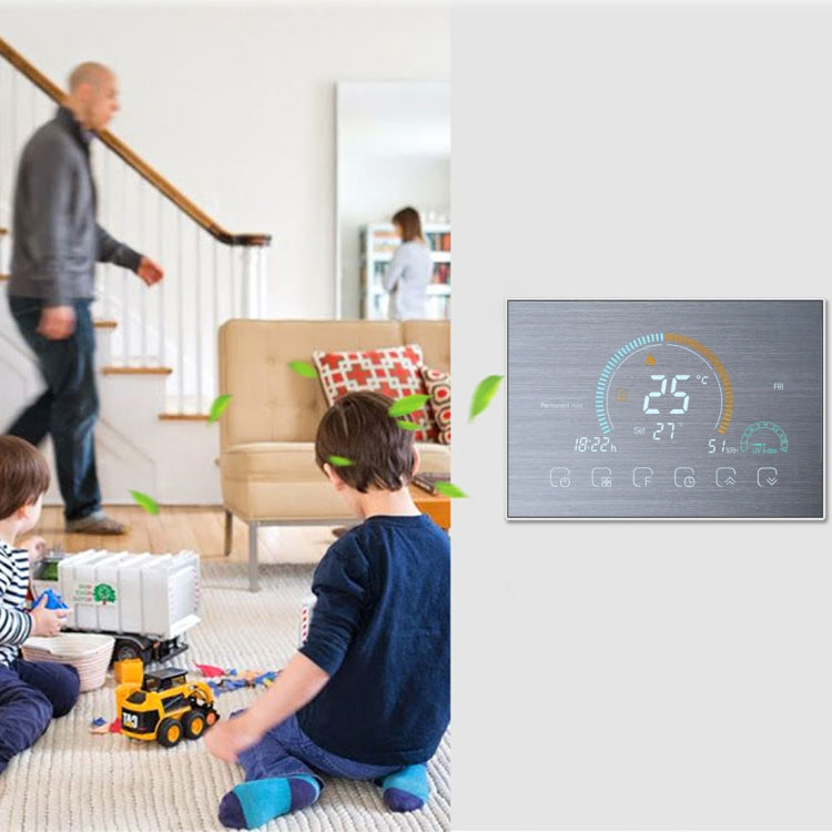 BHT-8000-GC-SS Brushed Stainless Steel Mirror Controlling Water/Gas Boiler Heating Energy-saving and Environmentally-friendly Smart Home Negative Display LCD Screen Round Room Thermostat without WiFi, without WiFi