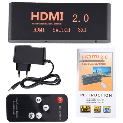 3X1 4K/60Hz HDMI 2.0 Switch with Remote Control, EU Plug, 3X1
