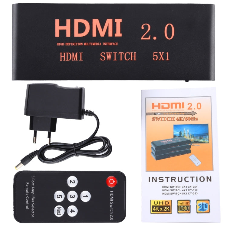 5X1 4K/60Hz HDMI 2.0 Switch with Remote Control, EU Plug, 5X1