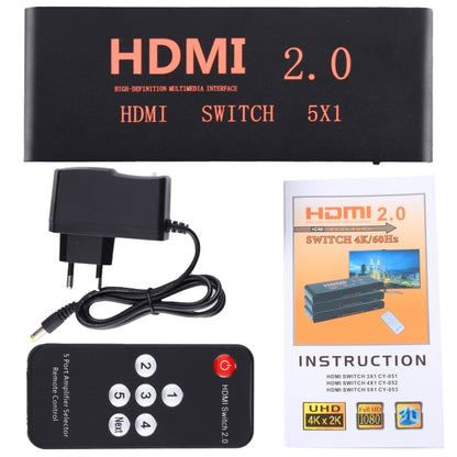 5X1 4K/60Hz HDMI 2.0 Switch with Remote Control, EU Plug, 5X1