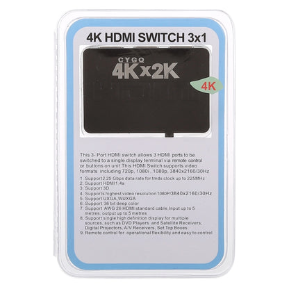 4K 3 Ports HDMI Switch with Remote Control, 3 Inputs to 1 output 4K