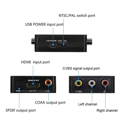 HDMI to AV Audio Converter Support SPDIF Coaxial Audio NTSC PAL Composite Video HDMI to 3RCA Adapter for TV /PC /PS3 / Blue-ray DVD, AV + Aduio