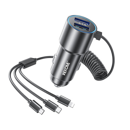WK WP-C44 Pop Digital Series Ciahung 3-in-1 Cabled 33W Dual-USB Fast Car Charger, WP-C44 (Black)