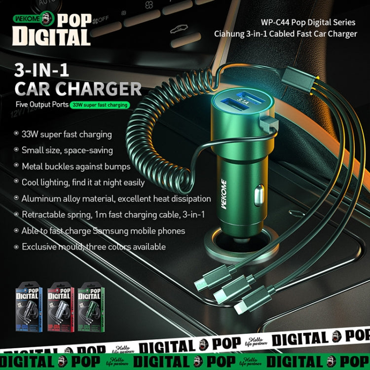 WK WP-C44 Pop Digital Series Ciahung 3-in-1 Cabled 33W Dual-USB Fast Car Charger, WP-C44 (Black)