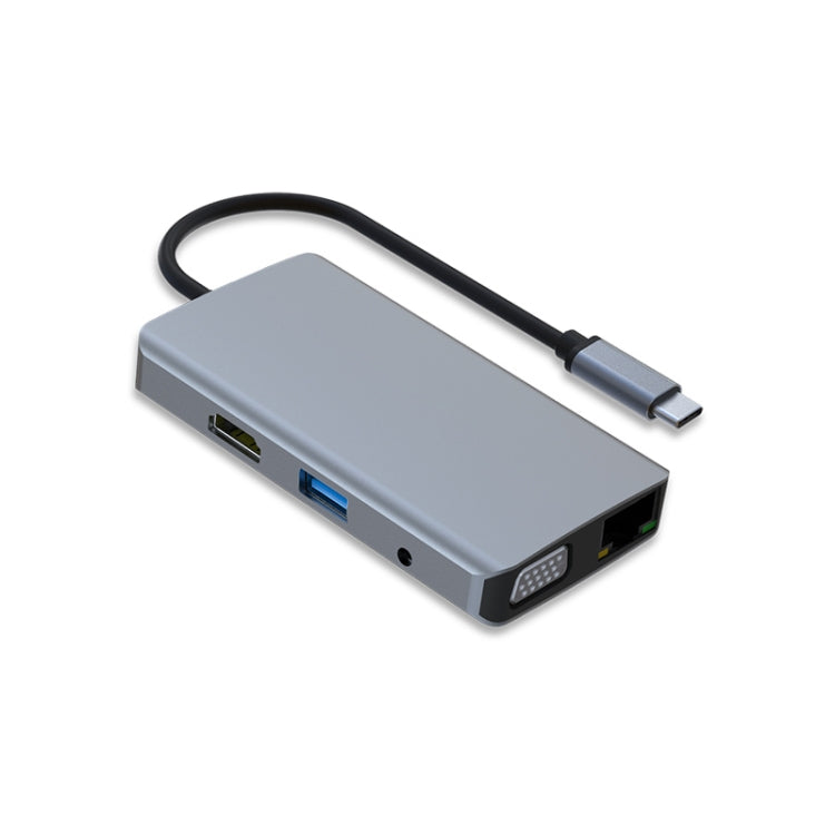 9 in 1 RJ45 + 100W PD + SD/TF + USBx2 + HDMI + VGA + 3.5mm AUX to Type-C HUB Adapter, 9 in 1
