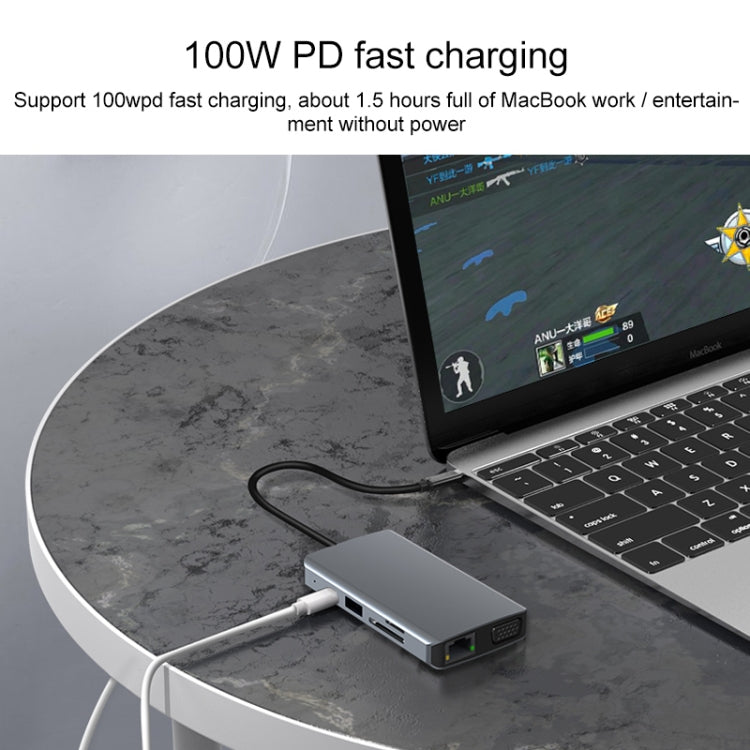 9 in 1 RJ45 + 100W PD + SD/TF + USBx2 + HDMI + VGA + 3.5mm AUX to Type-C HUB Adapter, 9 in 1