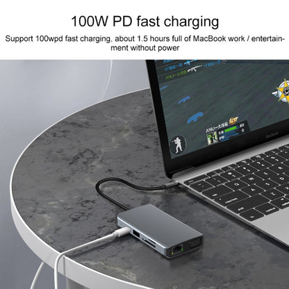 9 in 1 RJ45 + 100W PD + SD/TF + USBx2 + HDMI + VGA + 3.5mm AUX to Type-C HUB Adapter, 9 in 1
