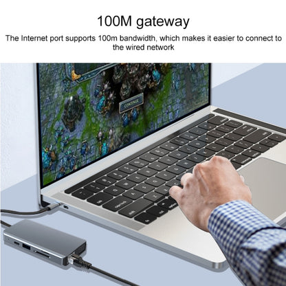 9 in 1 RJ45 + 100W PD + SD/TF + USBx2 + HDMI + VGA + 3.5mm AUX to Type-C HUB Adapter, 9 in 1