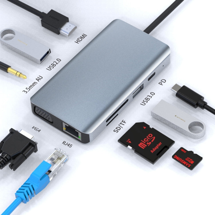 9 in 1 RJ45 + 100W PD + SD/TF + USBx2 + HDMI + VGA + 3.5mm AUX to Type-C HUB Adapter, 9 in 1