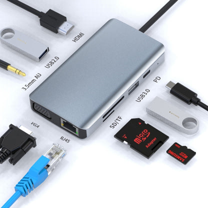 9 in 1 RJ45 + 100W PD + SD/TF + USBx2 + HDMI + VGA + 3.5mm AUX to Type-C HUB Adapter, 9 in 1