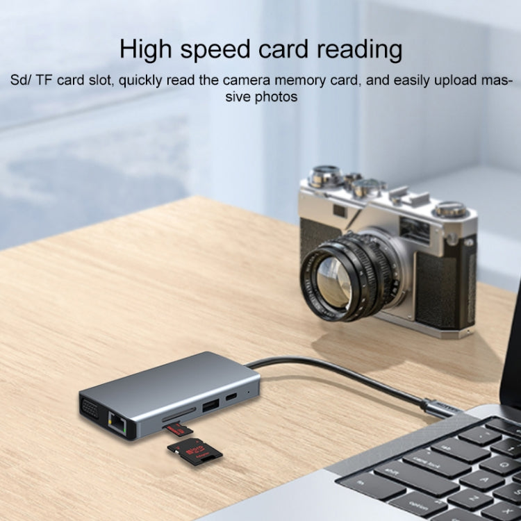 9 in 1 RJ45 + 100W PD + SD/TF + USBx2 + HDMI + VGA + 3.5mm AUX to Type-C HUB Adapter, 9 in 1