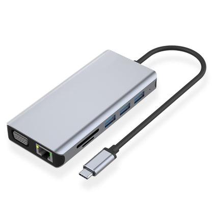 12 in 1 RJ45 + 100W PD + SD/TF + USB3.0x5+ HDMI + VGA + 3.5mm AUX to Type-C HUB Adapter, 12 in 1
