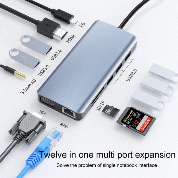 12 in 1 RJ45 + 100W PD + SD/TF + USB3.0x5+ HDMI + VGA + 3.5mm AUX to Type-C HUB Adapter, 12 in 1
