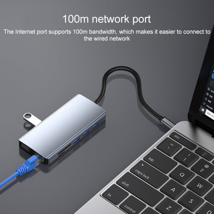 12 in 1 RJ45 + 100W PD + SD/TF + USB3.0x5+ HDMI + VGA + 3.5mm AUX to Type-C HUB Adapter, 12 in 1