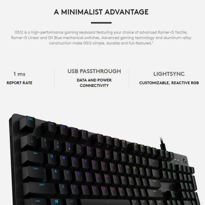Logitech G512 RGB L-axis Mechanical Wired Gaming Keyboard, Length: 1.8m, Logitech G512 L-axis