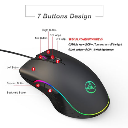 HXSJ A867 USB 6400DPI Four-speed Adjustable RGB Illuminate Wired E-sport Gaming Mouse, Length: 1.5m, A867 Black