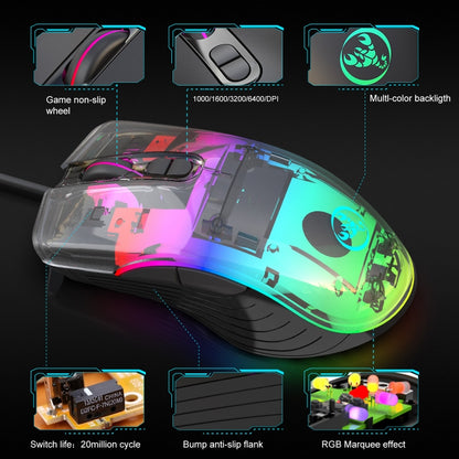 HXSJ A867 USB 6400DPI Four-speed Adjustable RGB Illuminate Wired E-sport Gaming Mouse, Length: 1.5m, A867 Black