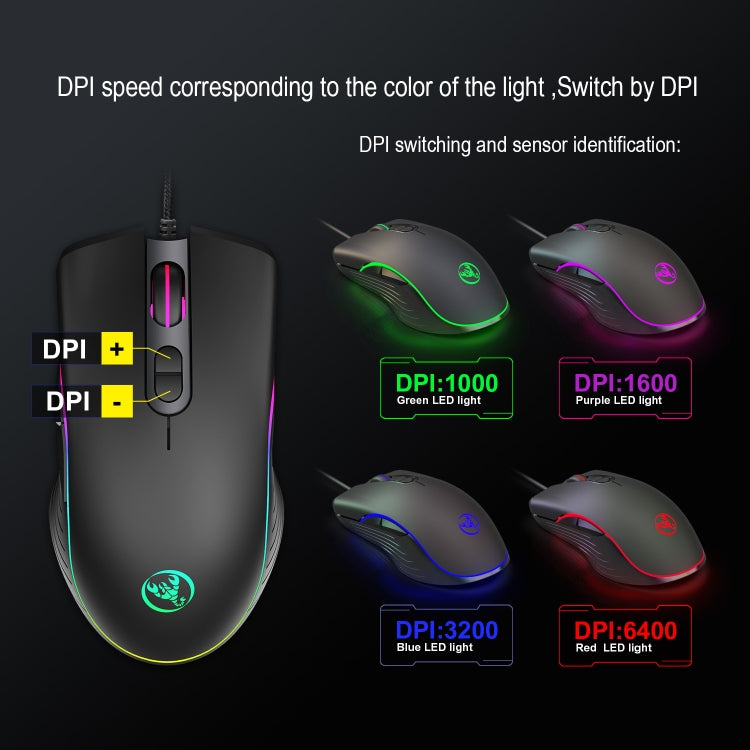 HXSJ A867 USB 6400DPI Four-speed Adjustable RGB Illuminate Wired E-sport Gaming Mouse, Length: 1.5m, A867 Black