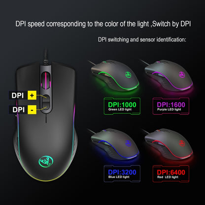 HXSJ A867 USB 6400DPI Four-speed Adjustable RGB Illuminate Wired E-sport Gaming Mouse, Length: 1.5m, A867 Black