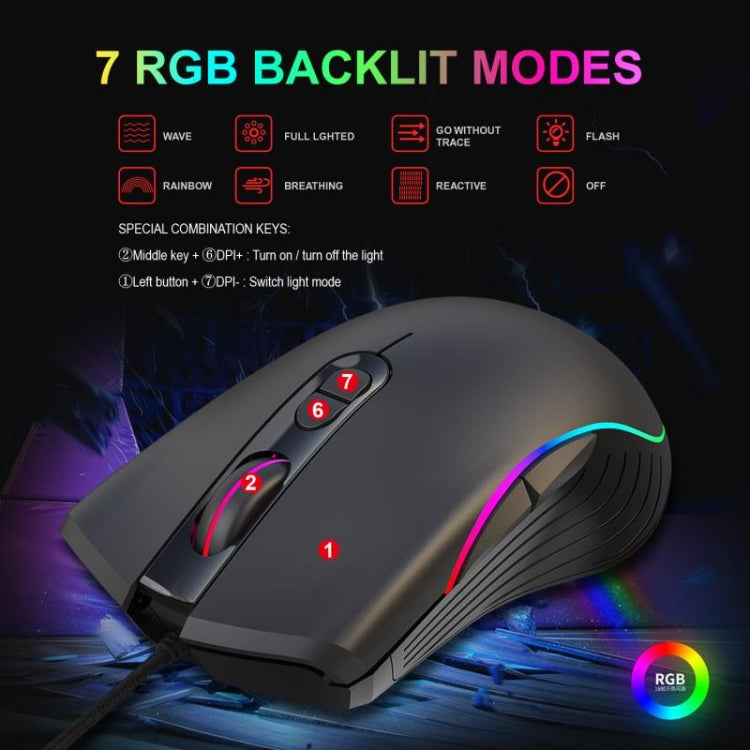 HXSJ A867 USB 6400DPI Four-speed Adjustable RGB Illuminate Wired E-sport Gaming Mouse, Length: 1.5m, A867 Black