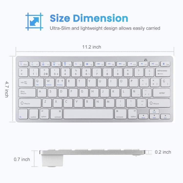 WB-8022 Ultra-thin Wireless Bluetooth Keyboard for iPad, Samsung, Huawei, Xiaomi, Tablet PCs or Smartphones, Spanish Keys, Spanish Keys