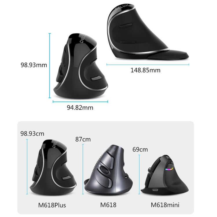 DELUX M618 Plus 2.4G 1600DPI Wireless Portable Vertical Ergonomic Mouse, 1600DPI Wireless