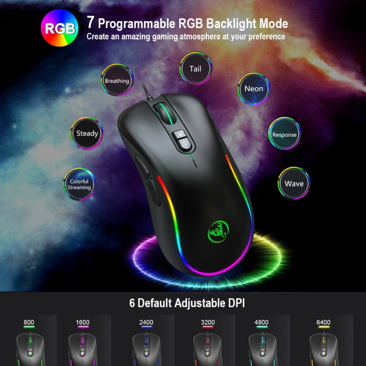 HXSJ J300 7 Keys RGB Lighting Programmable Gaming Wired Mouse, J300