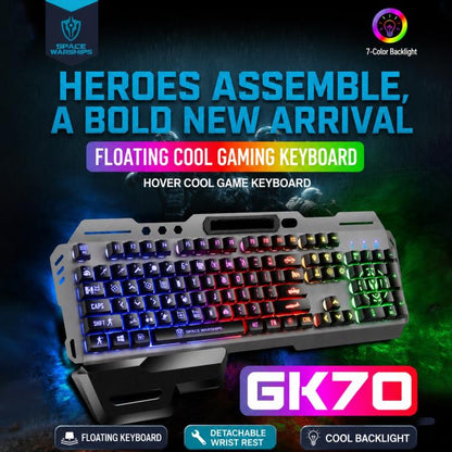 SHIPADOO GK70 Wired RGB Floating Detachable Hand Rest Character Rainbow Translucent Gaming Keyboard, Rainbow Translucent