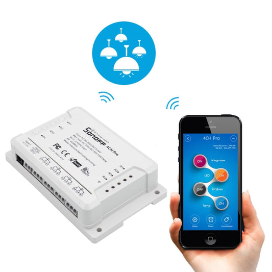 Sonoff  4CH Pro 433MHz Remote Control + WiFi Smart Timer Switch,  Interlock / Self-locking, 3 Working Modes, Compatible with Alexa and Google Home, Support iOS and Android, 4CH Pro