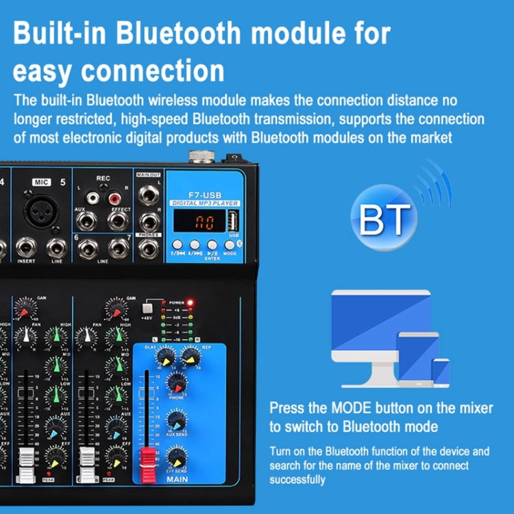 F7 Home 7-channel Bluetooth USB Reverb Mixer, EU Plug, F7 EU Plug
