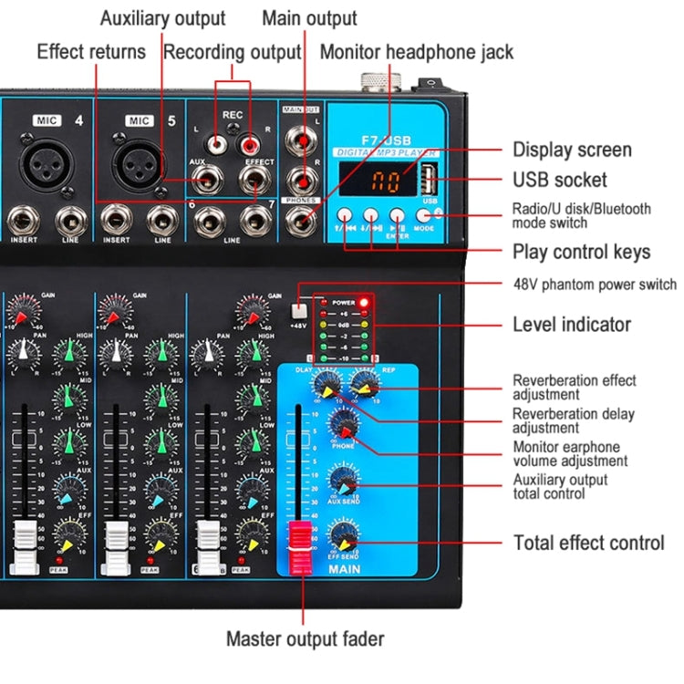 F7 Home 7-channel Bluetooth USB Reverb Mixer, EU Plug, F7 EU Plug