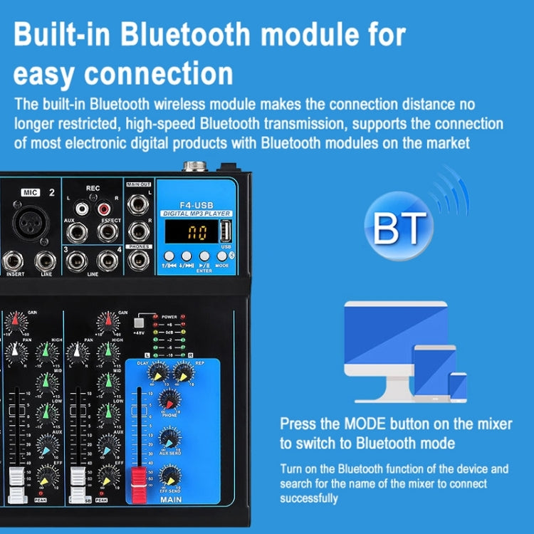 F4 Home 4-channel Bluetooth USB Reverb Mixer, EU Plug, F4 EU Plug