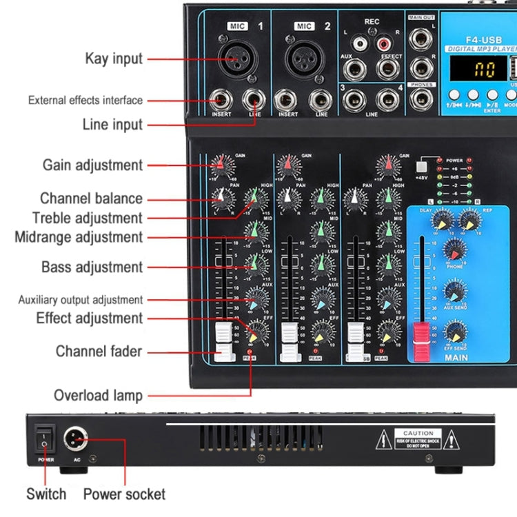 F4 Home 4-channel Bluetooth USB Reverb Mixer, EU Plug, F4 EU Plug