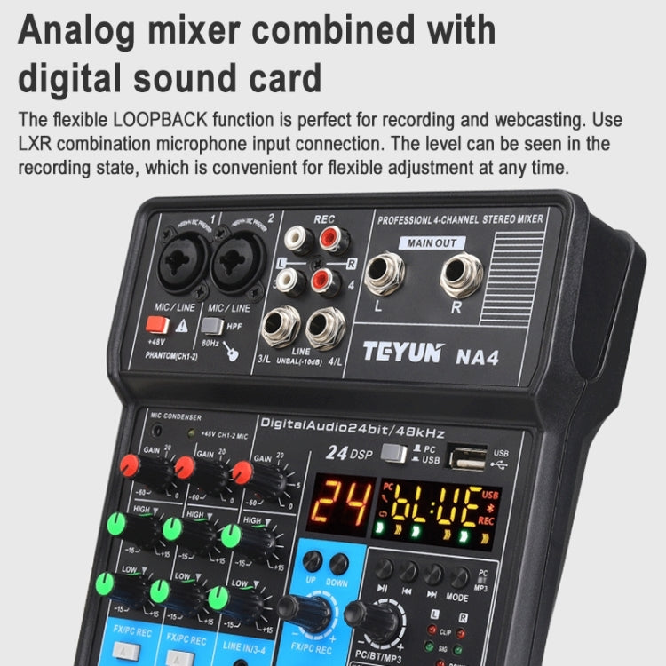 TEYUN NA4 4-channel Small Mixing Console Mobile Phone Sound Card Live Broadcast Computer Recording Console Processor, US Plug, NA4 US Plug