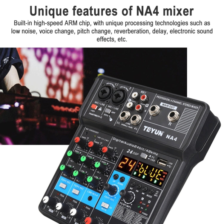 TEYUN NA4 4-channel Small Mixing Console Mobile Phone Sound Card Live Broadcast Computer Recording Console Processor, EU Plug, NA4 EU Plug