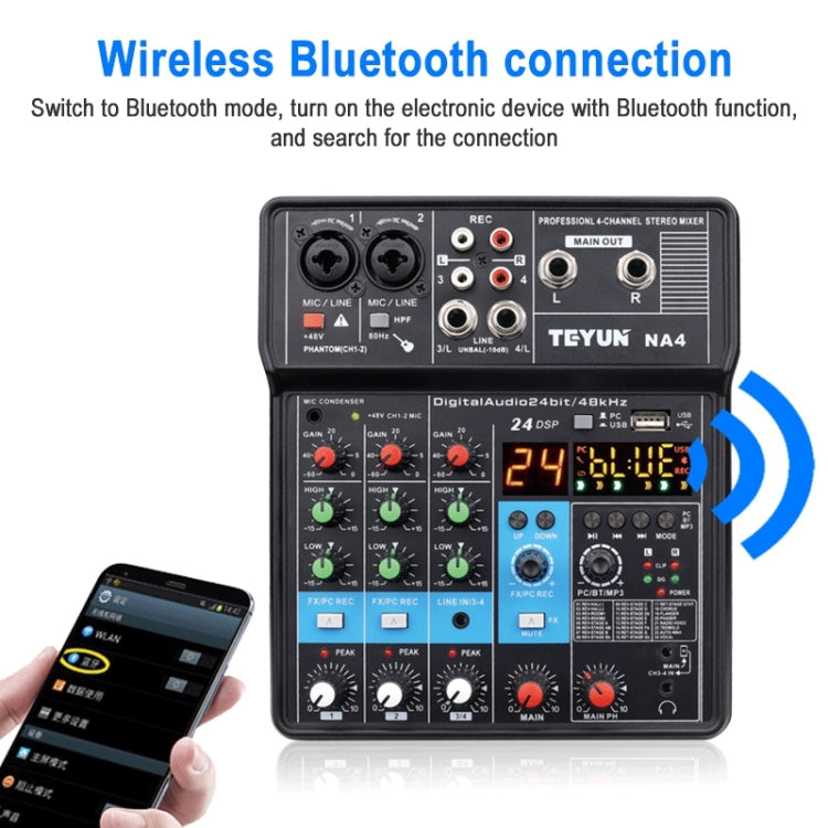 TEYUN NA4 4-channel Small Mixing Console Mobile Phone Sound Card Live Broadcast Computer Recording Console Processor, EU Plug, NA4 EU Plug