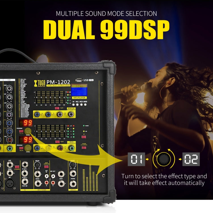 XTUGA PM1202 900W 10 Channel Stage Power Mixer 24Bit Multil-FX Processor Dual 99 DSP Effect DJ Amplifier, PM1202