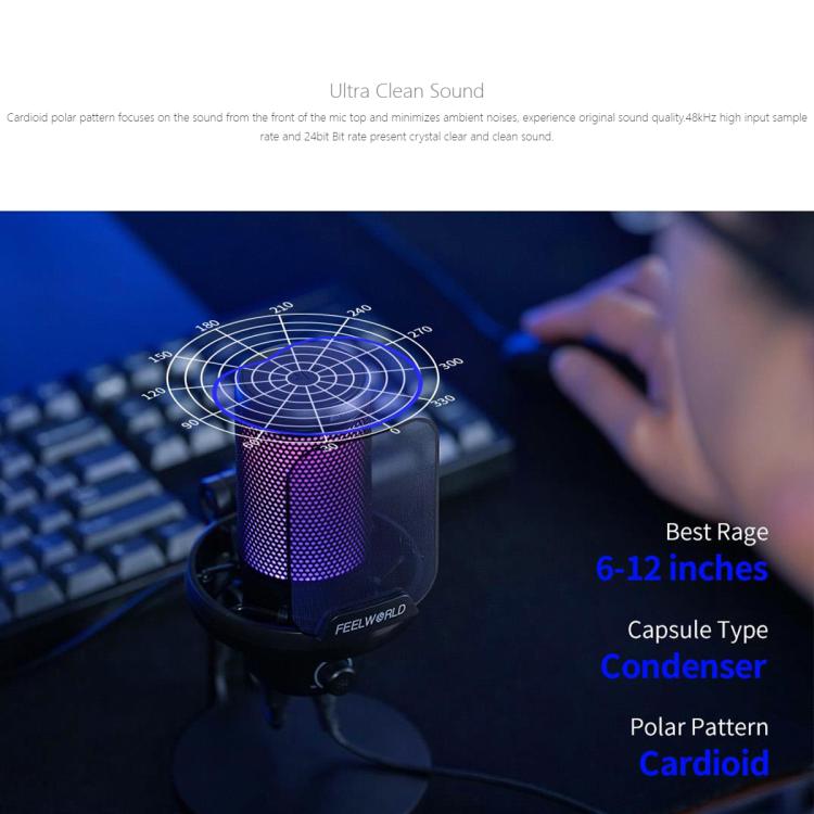 FEELWORLD VM1 USB Condenser Gaming Microphone for Streaming Noise Cancellation Mute RGB Light Desktop Stand, VM1-XS