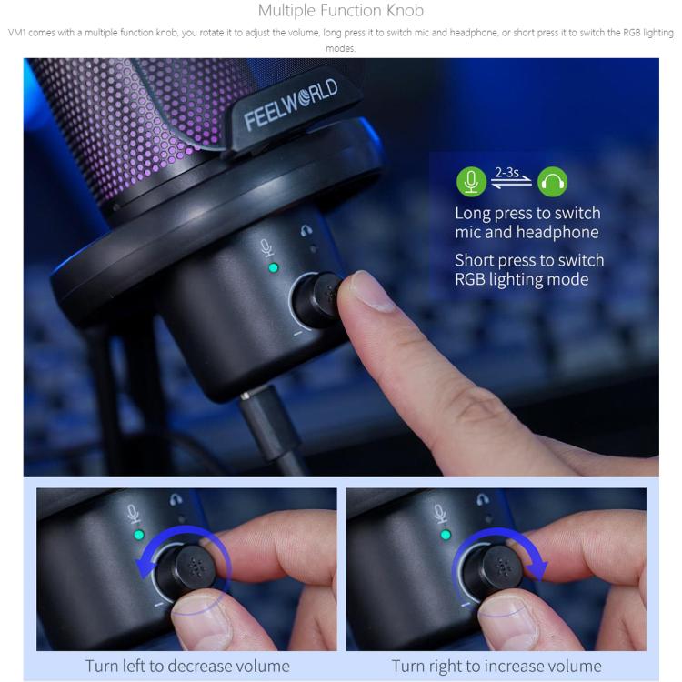 FEELWORLD VM1 USB Condenser Gaming Microphone for Streaming Noise Cancellation Mute RGB Light Desktop Stand, VM1-XS