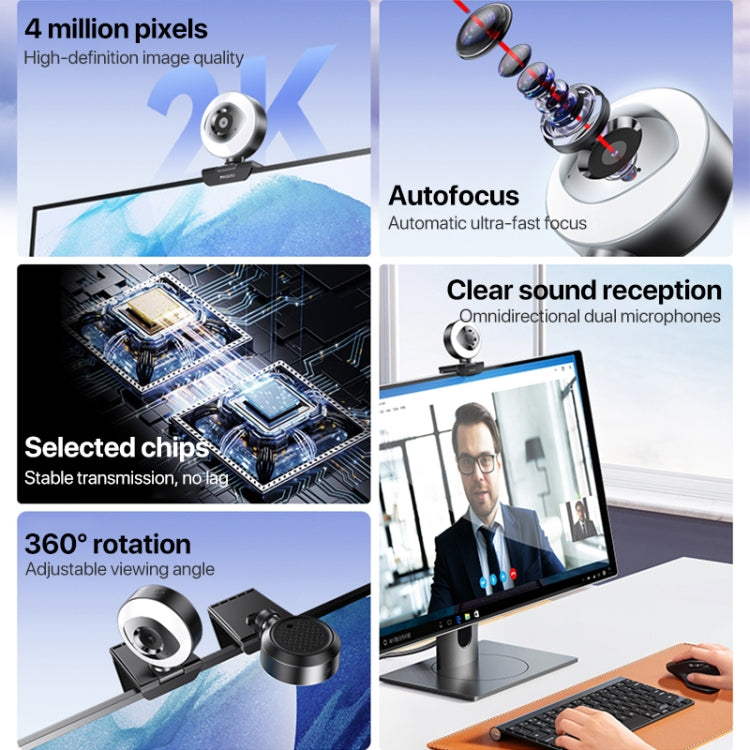Yesido KM20 2K Zoom 4.0MP HD USB Webcam, Cable Length 1.5m with Fill Light, KM20