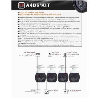 A4B6 4Ch Bullet IP Camera NVR Kit, Support Night Vision / Motion Detection, IR Distance: 15m, A4B6/Kit 720P 1.0MP, A4B6/Kit 960P 1.3MP, A4B6/Kit 1080P 2.0MP
