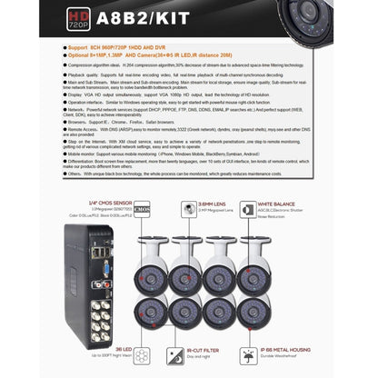 A8B2 8Ch Bullet IP Camera NVR Kit, Support Night Vision / Motion Detection, IR Distance: 20m, A8B2/Kit 720P 1.0MP, A8B2/Kit 960P 1.3MP, A8B2/Kit 1080P 2.0MP