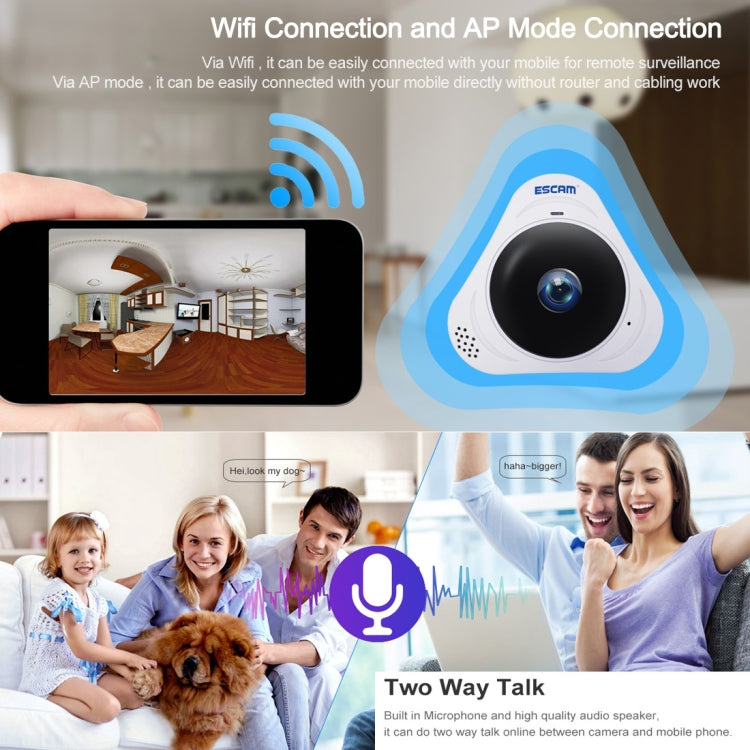 ESCAM Q8 960P 360 Degrees Fisheye Lens 1.3MP WiFi IP Camera, Support Motion Detection / Night Vision, IR Distance: 5-10m, AU Plug, Q8  AU Plug, Q8 EU Plug, Q8 UK Plug, Q8 US Plug