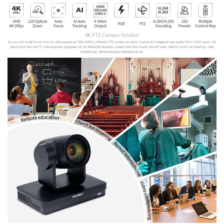 FEELWORLD UHD4K12X 4K PTZ Camera 12X Optical Zoom, Auto Focus SDI HDMI USB IP Remote Control, UHD4K12X