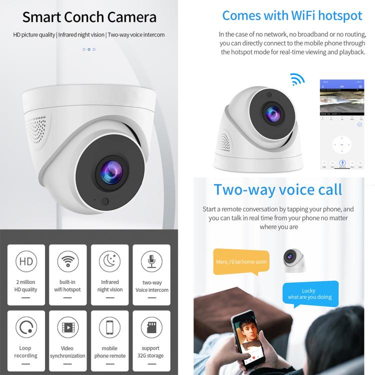 A5 Smart Conch WiFi Camera 1080P HD Night Vision IP Camera, A5 (US Plug), A5 (UK Plug), A5 (AU Plug), A5 (EU Plug)