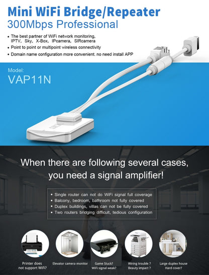 VONETS VAP11N Mini WiFi 300Mbps Repeater WiFi Bridge, Best Partner of IP Device / IP Camera / IP Printer / XBOX / PS3 / IPTV / Skybox, VAP11N