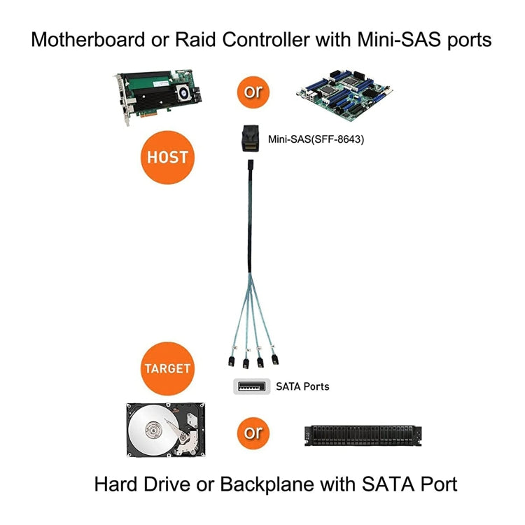 Mini SAS SFF-8643 Host to 7-Pin 4 SATA Target Hard Disk 6Gbps Data Server Raid Cable, Length: 1m, SFF-8643 (Length: 1m)